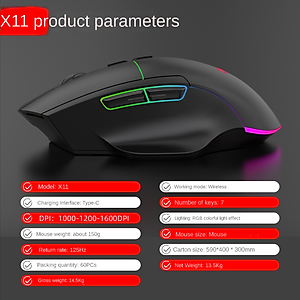 Chuột led gaming không dây X11 -  Bluetooth + Usb Wireless 2.4G - Pin sạc cổng typeC - Chống ồn - chống mỏi cổ tay - Hàng nhập khẩu