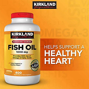 Thực phẩm bảo vệ sức khỏe Viên dầu cá Kirkland Signature Fish Oil 1000mg từ Mỹ, bổ sung Omega-3, DHA và EPA - 400 Viên