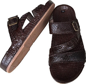 Dép nam quai chéo Trường Hải màu nâu  da cá sấu thật sang trọng sắc sảo  may viền chắc chắn đế kếp mềm dẻo  không trơn  DN0811