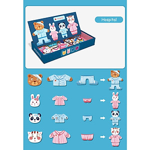 Bộ Đồ Chơi Xếp Hình thay quần áo gia đình nhà Thỏ- Gấu- Động Vật- Chất liệu gỗ, có nam châm