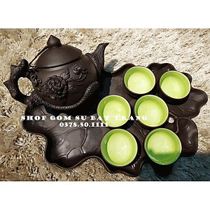 Bộ ấm trà bát tràng gốm tử sa khay lá sen nổi đẹp