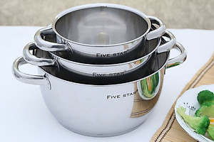 Bộ 3 nồi inox 3 đáy 16, 20, 24 cm Fivestar nắp inox - nắp kính
