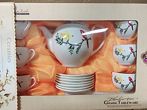 BỘ ẤM CHÉN PHA TRÀ KÈM 7 ĐĨA TRẮNG CHIM ĐỎ - ANTH246