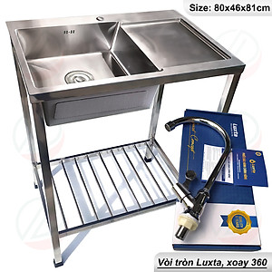 Combo Chậu Rửa Chén Bát Inox Có Chân Loại 1 Hố Có Bàn Dài 80cm Rộng 46cm Kèm Vòi Kazta Và Luxta - Gồm chậu, chân, vòi, đầy đủ xi phông