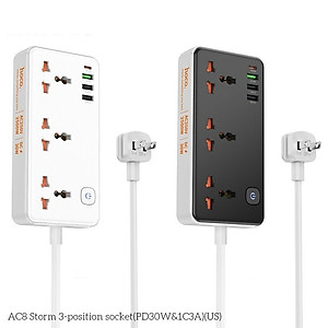 Ổ cắm điện đa năng cao cấp dây đồng chịu tải 2500W, sạc nhanh PD 30W cổng typeC + QC18W có 3*USB và 1*Type-C , dây dài 1.5m - Hàng nhập khẩu