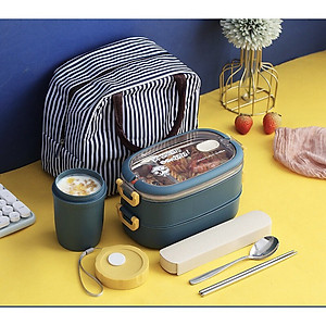 Hộp Cơm Văn Phòng Giữ Nhiệt  2 Lớp 2 Tầng Tiện Lợi Kèm Hộp Đựng Canh Soup và Bộ Đũa Thìa INOX – Chất Liệu INOX304An Toàn Cho Sức Khỏe – Hàng Chính Hãng MINIIN- Tặng Túi Đựng Cơm