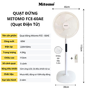 Quạt Cây Đứng Mitomo FCE-60 có điều khiển từ xa, hẹn giờ hàng chính hãng