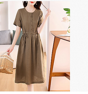Đầm linen nữ trơn tay ngắn kết hợp phối cúc và rút eo , có nhiều màu dễ mặc đi chơi hay đi làm Da217