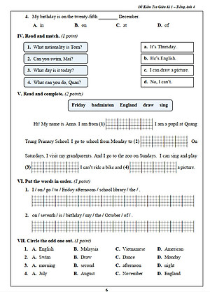 Đề Kiểm Tra Tiếng Anh 4 - Tập 1