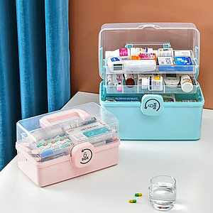 Hộp Đựng Thuốc Y Tế, Hộp Thuốc Y Tế Gia Đình Kích Thước 34cm x 21.5cm x 19cm, Hộp Thuốc 3 Tầng Mở 180 Độ Có Quai Xách Tiện Lợi Giao Màu Ngẫu Nhiên