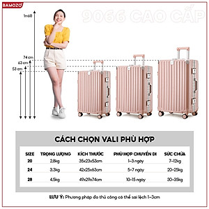 Vali khung nhôm khóa sập Bamozo 9066 size 20/24/28 inch cao cấp bịt 4 góc kim loại chống va đập bảo hành 5 năm