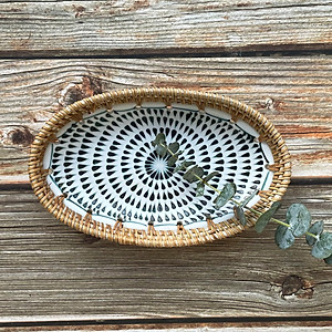 Khay trang trí bằng mây, khay gốm sứ viền mây ECOHUB, đựng đồ trang sức, bộ quà tặng nhà mới (Rattan Decorative Tray)