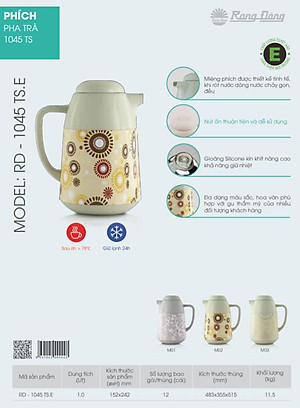 Phích pha trà cao cấp Rạng Đông, 1 lít, giữ nhiệt, thân sắt, vai nhựa, Model: RD-1045TS.E- Chính hãng