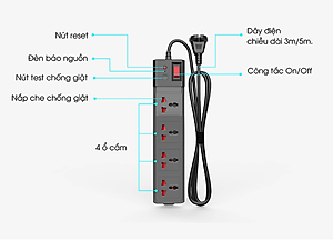 Ổ cắm Rạng Đông OC04 4C/3M/10A đa năng chống giật, công suất 2500W dây dài 3 mét - Hàng chính hãng