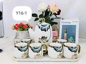 BỘ ẤM CHÉN KÈM KHAY SỨ PHA TRÀ CÀ PHÊ CAO CẤP HỌA TIẾT SEN ĐỔ - VD196