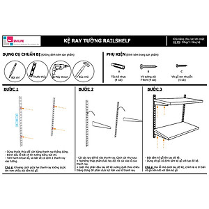 Thanh ray lỗ đôi kệ treo tường Railshelf H60cm bằng thép dày 1,4mm, sơn tĩnh điện hiện đại