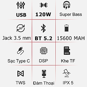 Bộ Loa Bluetooth không dây nghe nhạc, micro bluetooth không dây hát Karaoke cao cấp 120W công suất lớn Super Bass có cổng usb, thẻ nhớ, line 3.5mm pin 15600MAH sạc Type C Chip DSP loa kết nối TWS lên 240W Hàng Chính Hãng PKCB