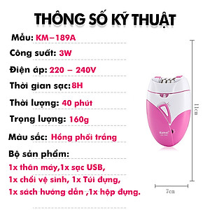 Máy tẩy lông Kemei KM-189A tẩy và nhổ lông toàn thân, cạo lông tay chân, tẩy sạch lông vùng bikini sử dụng pin sạc chuyên nghiệp điều chỉnh 2 mức tốc độ