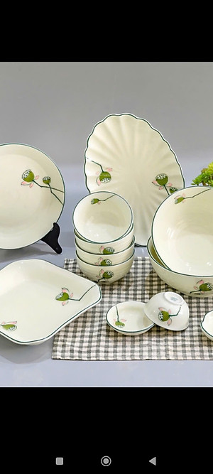 bộ bát đĩa bộ đồ ăn gốm sứ Bát Tràng cao cấp men kem hoạ tiết sen set HD001