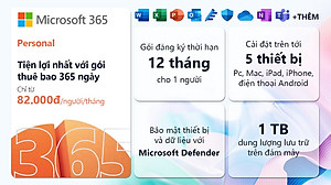 KEY ĐIỆN TỬ Phần mềm Microsoft 365 Personal EP2-32313 | 12 tháng | Dành cho 1 người | 5 thiết bị/tài khoản | Word, Excel, PowerPoint | 1TB OneDrive