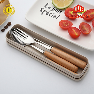 Bộ Đũa Muỗng Nĩa Inox Cán Gỗ Kèm Hộp Đựng Bằng Lúa Mạch Sang Trọng Thanh Lịch - Chính Hãng