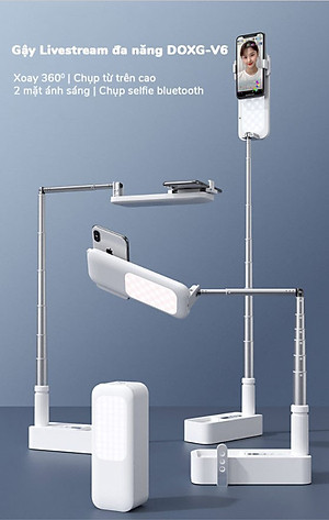 Gậy livestream thông minh kèm đèn DOXG-V6 - Điều chỉnh chiều cao lên đến 1.3m - Góc quay 360 độ - Gấp gọn dễ dàng - Sử dụng pin sạc dung lượng cao - Ánh sáng 3 màu, 7 chế độ - Kèm remote bluetooth chụp hình, quay phim từ xa