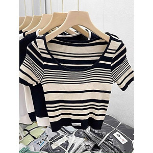 Áo len nữ dáng croptop tăm cổ U kẻ ngang phối viền chất len dày mịn hàng Quảng Châu cao cấp