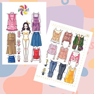 Búp bê giấy thay đồ thời trang đồ chơi cắt thủ công cho bé Combo 6 hình siêu đáng yêu 006