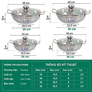 Nồi lẩu 3 đáy inox 430 Fivestar sử dụng bếp từ nắp kính tặng 2 vá canh ( 24cm / 26cm / 28cm )