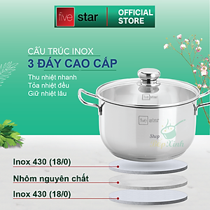 Bộ nồi xửng hấp inox 430 FiveStar Standard 3 đáy bếp từ nắp kính tặng 2 muỗng canh ( 26cm/28cm/30cm/32cm)