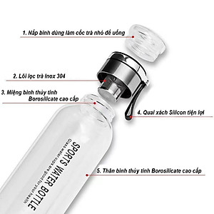 Bình Nước Thuỷ Tinh Kèm Nắp Pha Trà Thông Minh Cao Cấp Có Lọc Trà Inox Sang Trọng Tặng Túi Chống Nóng Quai Đeo