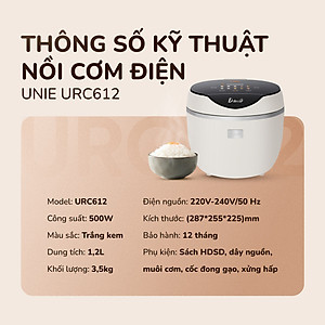 Nồi cơm điện tử UNIE URC612 ,công nghệ nấu cơm giảm đường, lòng nồi inox 304, dung tích 1,2L,công suất 500W, hàng chính hãng BH 12 tháng 