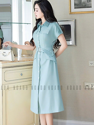 Đầm sơ mi xanh mint NGADO , đầm công sở , đầm dự tiệc