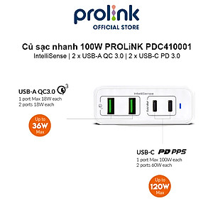 Củ sạc nhanh 100W PROLiNK PDC410001, 4 cổng (2xUSB-A QC 3.0 & 2xUSB-C PD 3.0) IntelliSense, sạc điện thoại, laptop - Hàng chính hãng