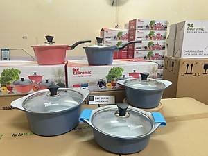 Bộ 4 Nồi Vân Đá Chống Dính Ecoramic Hàn Quốc Size 18-20-22-24cm Hàng chính hãng