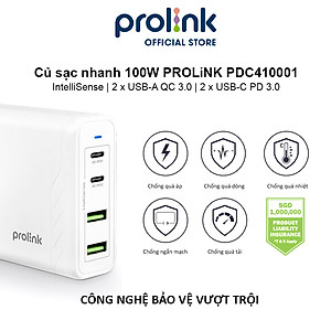 Củ sạc nhanh 100W PROLiNK PDC410001, 4 cổng (2xUSB-A QC 3.0 & 2xUSB-C PD 3.0) IntelliSense, sạc điện thoại, laptop - Hàng chính hãng