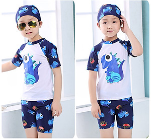 Bộ Đồ Bơi Khủng Long Dành Cho Bé Trai Cao Từ 85cm - 125cm chất vải Polyeste thân thiện với trẻ em, mau khô, thấm hút mồ hôi tốt, thiết kế thời trang bắt mắt - Tặng kèm nón bơi vải cùng màu