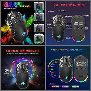 Chuột Led RGB Không Dây chống ồn T90s đa kết nối Bluetooth 5.3 + Usb 2.4 + Cáp 3600Dpi Pin Sạc TypeC hàng nhập khẩu