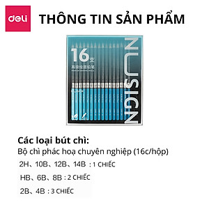 Combo 16 Bút Chì Phác Thảo Chuyên Nghiệp Deli dòng cao cấp NUsign - HB 2H 2B 4B 6B 8B 10B 12B 14B - Lõi Than Chì, Vẽ Mịn, Không Dễ Gãy - Vẽ Tranh, Họa Chân Dung