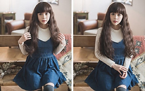 Tóc giả nữ nguyên đầu giống hình tương đối 90%, mái ngang, xoăn đẹp (tặng kèm 1 cái lưới trùm tóc)