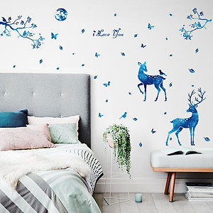 Decal dán tường Mẫu Gia Đình Nai dưới ánh trăng ,có sẵn keo chỉ cần bóc dán