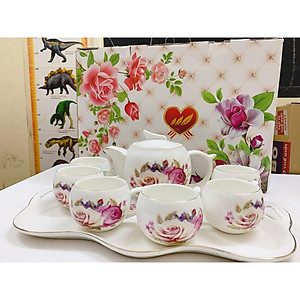 BỘ ẤM CHÉN CÓ KHAY LOẠI ĐẸP HOA HỒNG, BỘ ẤM CHÉN PHA TRÀ CAO CẤP CÓ KHAY