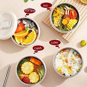 Set 3 Hộp Đựng Cơm Giữ Nhiệt Hộp Đựng Cơm Văn Phòng Chất Liệu Inox 304 Có Kèm Phụ Kiện Thìa Và Đũa