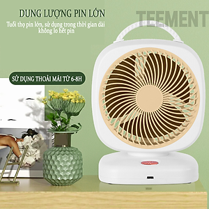Quạt Để Bàn Tích Điện Mini 5 Cấp Độ Gió Teement, Dung Lượng Pin Lớn 2000mah Không Tiếng Ồn , Tặng Kèm Cáp Sạc - Hàng Chính Hãng