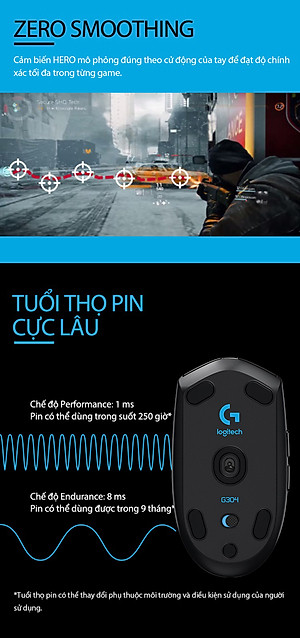Chuột game không dây Lightspeed Logitech G304 - Cảm biến Hero, 12k DPI, nhẹ, 6 nút lập trình, on-board memory, pin 250h - Hàng chính hãng