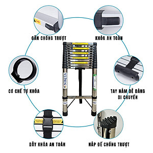 Thang nhôm INOX rút đơn xếp gọn 2,6m - 5.9m gấp gọn Nhập Khẩu NIKITA - chịu lực tới 150kg