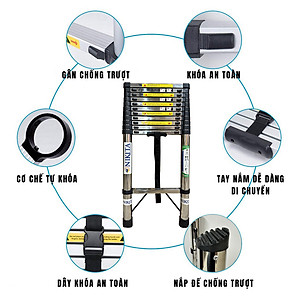 Thang nhôm INOX rút đơn xếp gọn 2,6m - 5.9m gấp gọn Nhập Khẩu NIKITA - chịu lực tới 150kg