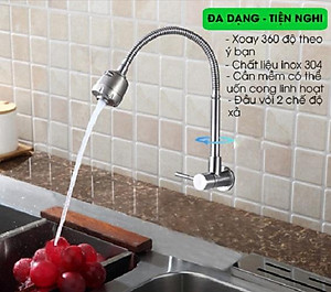 Vòi nước rửa chén bát Inox 304 Cắm Tường Cần mềm - Bát sen 1 Đường Nước (bảo hành 12 tháng)