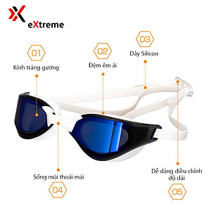 Kính bơi tráng gương chống sương mờ, chống UV eXtreme KG2101 cao cấp, dây đeo được làm 100% silicone mềm mại, thoải mái, thiết kế không trơn trượt, co giãn, thiết kế công thát học, chuyên nghiệp