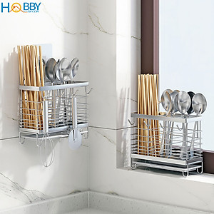 Kệ đựng đũa muỗng 3 ngăn có móc treo dán tường Hobby Home Decor DM04